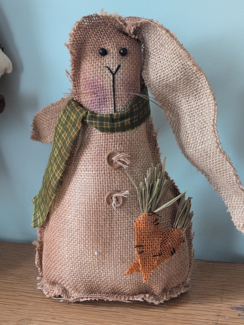 Primv Handmade Look Burlap Bunny Plush with Green Plaid Scarf and Orange Carrot
